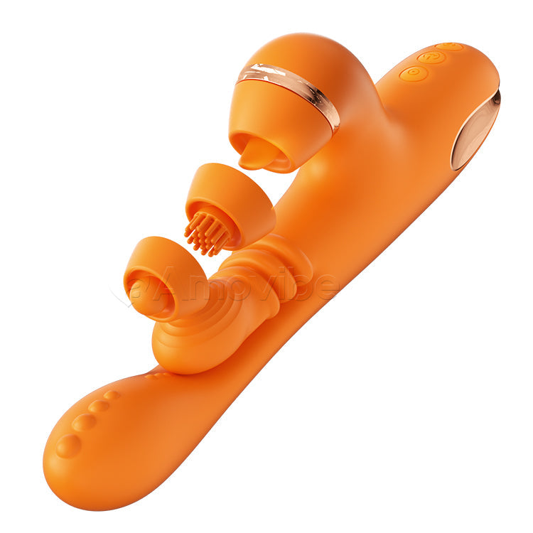 G-punktsvibrator med cirkulär massagerörelse, vibration och 3 hylsor för klitoristappning, kittling och slickning